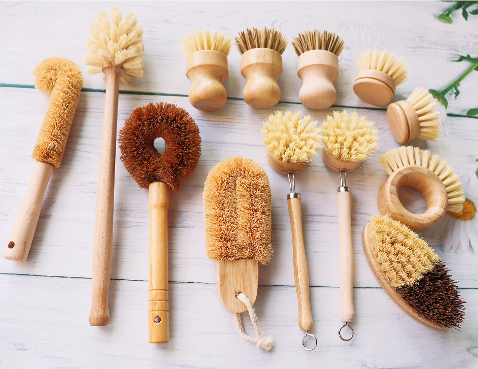 Natural Pan Pot Vegetable Dish coconut Brushes Eco biodegradable wooden wood bamboo kitchen scrub cleaning brush set